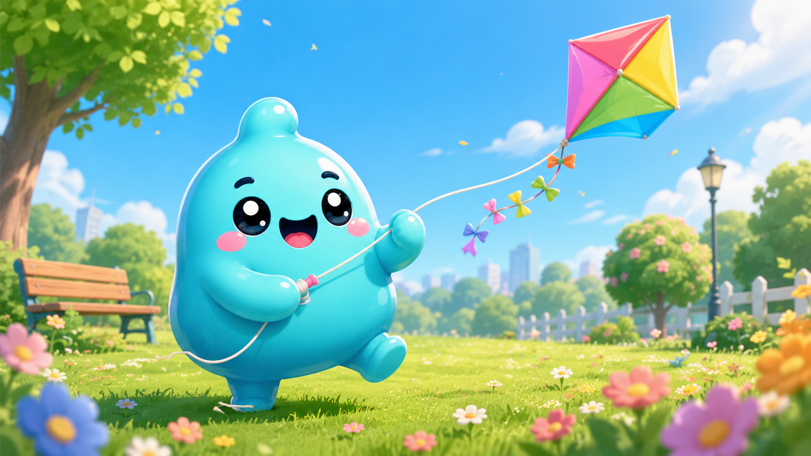 A cheerful teal Blob flying a colourful kite in a sunny park