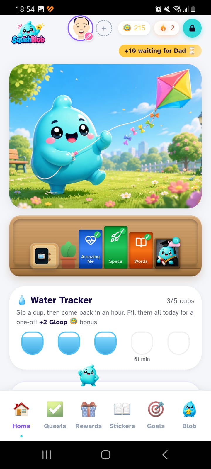 SquishBlob home screen showing progress and water tracking